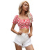 puff sleeves low-cut waistless lace-up short floral top NSDMB127427