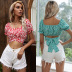 puff sleeved square neck waistless lace-up short floral top NSDMB127428