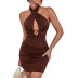hanging neck backless lace-up tight hollow solid color dress NSDMB127436