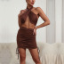 hanging neck backless lace-up wrap chest drawstring slim solid color vest and skirt set NSDMB127439