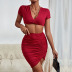 tight v neck short sleeve high waist solid color top and skirt set NSDMB127443
