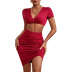 tight v neck short sleeve high waist solid color top and skirt set NSDMB127443