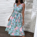 pleated flower print ruffled lace-up backless v neck dress NSDMB127447