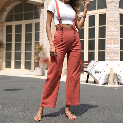 Button Solid Color High Waist Wide Leg Sling Pant NSDMB127449