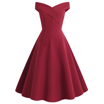 Solid Color Retro Off Shoulder V-neck Waist Prom Dress NSLXG127473