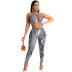 halter solid color top  printed trousers two-piece set NSFFE127475