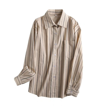 Breasted Vintage Striped Print Long Sleeve Shirt NSLAY127698