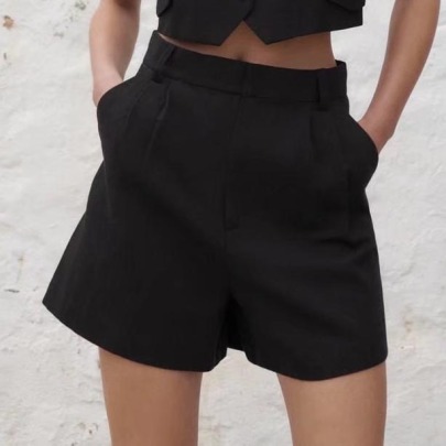 High Waist Straight Solid Color Linen Blend Shorts NSLAY127693