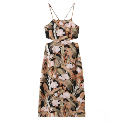Cross Sling Backless Lace-up Flower Print Dress NSLAY127672