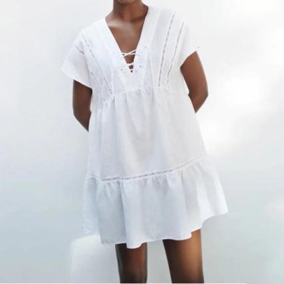 V-neck Cutout Short Sleeve Loose Solid Color Dress NSLAY127297