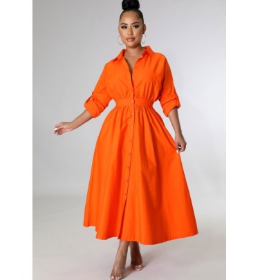 Solid Color Long-sleeved Waist Shirt Dress NSXHX127468