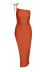 solid color single shoulder slip slit pleated lace-up dress NSLML127514