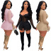 solid color long sleeve zipper chest cotton mesh stitching jacket and shorts two-piece set NSLML127515