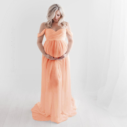 Solid Color Off Shoulder Short Sleeve Slit Dress Maternity Clothes NSLNE127526