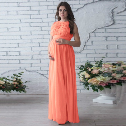 Solid Color Round Neck Stitching Sleeveless Dress Maternity Clothes NSLNE127530