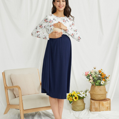 Contrast Color Floral Long-sleeved Round Neck Mid-length Dress Maternity Clothes NSGTY127534