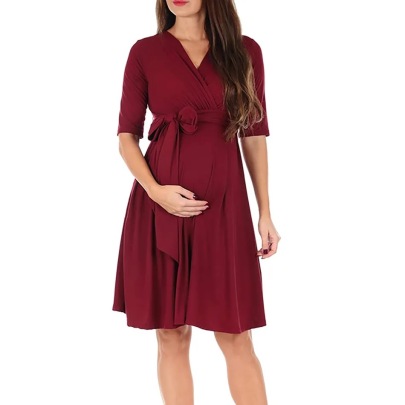 Solid Color V-neck Mid-sleeve Belt Dress Maternity Clothes NSGTY127535