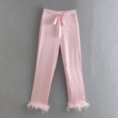 Feather Decoration Lace-up Straight Solid Color Trousers NSAM127546