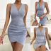 button solid color sleeveless v neck slim dress NSDY127577