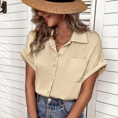 Short Sleeve Lapel Loose Solid Color Shirt NSDY127578
