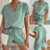 short sleeve v neck loose solid color top and shorts set NSDY127580