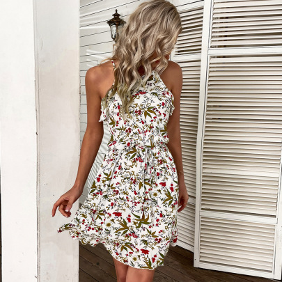 Sleeveless Lace-up Ruffle Slim Floral Dress NSDY127583