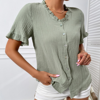 Cotton And Linen Short-sleeved Fungus Edge Top NSDY127590