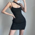 slanted shoulder suspender low-cut backless tight solid color dress NSGWY127600