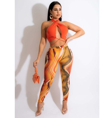 Halter Solid Color Top  Printed Trousers Two-piece Set NSFFE127475