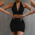 solid color hanging neck backless deep v vest and plested slim skirt set NSZY127610