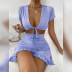 lace-up ruffled short sleeve deep v slim solid color top and skirt set NSZY127616