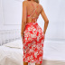 cross suspender backless slim lace-up floral dress NSDF127623