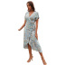 print v-neck lace-up slim short-sleeved high-waist dress NSDF127632