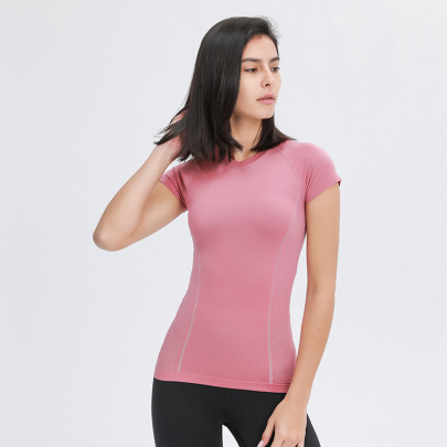 Round Neck Slim Solid Color Short-sleeved Elastic Yoga Top NSDQF127353