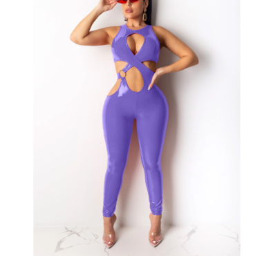 Solid Color Cross Straps Stretch Velvet Thickened PU Leather Jumpsuit NSOSM126819