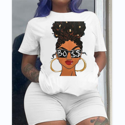 African Girl/letter Print Crew Neck Short Sleeve T-Shirt NSPPF127896