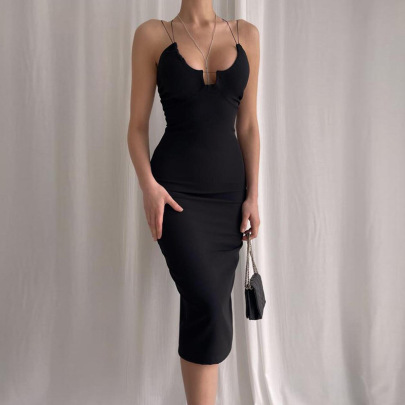 Backless Low-cut Sling Slit Tight Solid Color Dress NSCOK124086