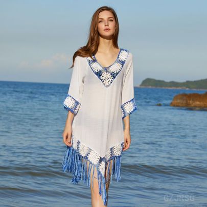 Hand Hook Stitching Fringed Mid-sleeve Loose Beach Outdoor Cover-up NSFH123964