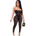 mesh print suspender wrap chest backless one-piece top and high waist pant set NSFH124220