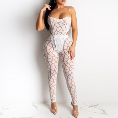Mesh Print Suspender Wrap Chest Backless One-piece Top And High Waist Pant Set NSFH124220
