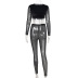 Conjunto de top y pantalón ajustados con cintura alta y cuello redondo de manga larga con costuras de felpa transparentes NSFH124233