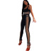 Hollow sequare neck sleeveless slim solid color Mesh vest and Trousers Two-piece Set NSFH124256