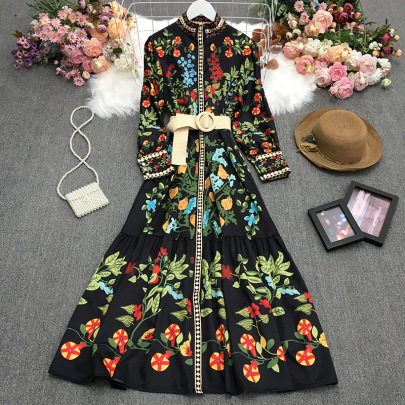 Tea Break French Large Swing Long Sleeve Slim Flower Print Dress With Belt NSYXG124271