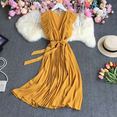 Pleated Solid Color Flying-sleeve V-neck Lace-up Dress (multicolor) NSYXG124272