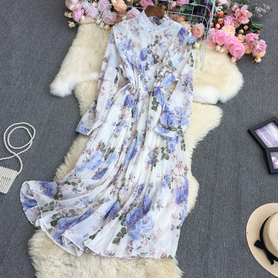 Long Sleeve Ruffle Large Swing Slim Flower Print Dress NSYXG124273