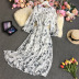 Chiffon pleated print long sleeve large swing lace-up dress NSYXG124275