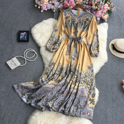 Printing Retro Court Style French Waist Large Swing Long Sleeve Lace-up Dress NSYXG124278