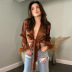 feather cropped long sleeve v neck lace-up solid color satin ice silk shirt NSSQS124292