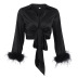 feather cropped long sleeve v neck lace-up solid color satin ice silk shirt NSSQS124292