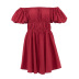 French puff sleeve one-word collar solid color cotton linen dress NSSQS124306